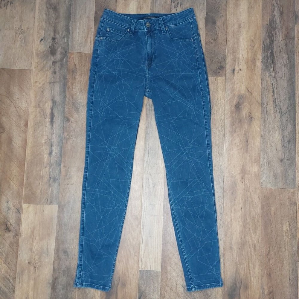 Lee Jeans Womens 30 Body Optix Blue Geometric Pattern Skinny 5 Pocket high Rise